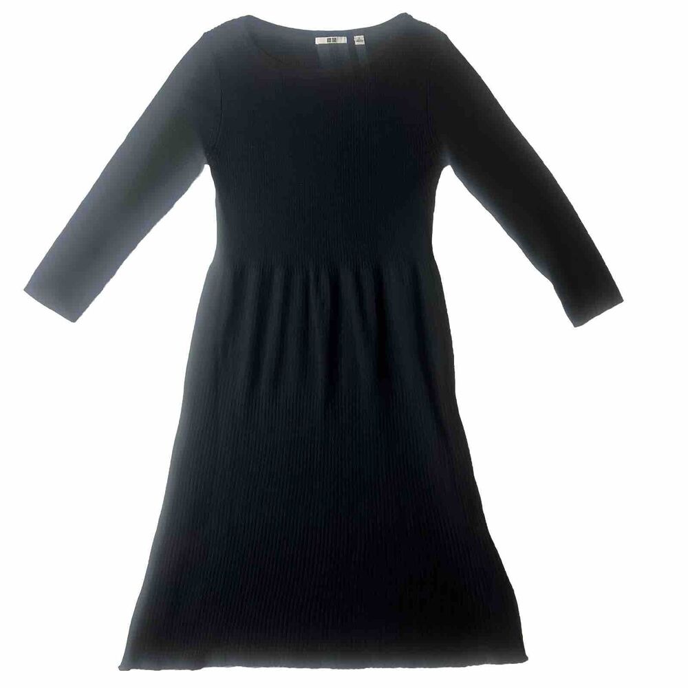 Uniqlo Women’s S Black Sweater Dress Knit Midi Goth Stretch Casual Wool Blend